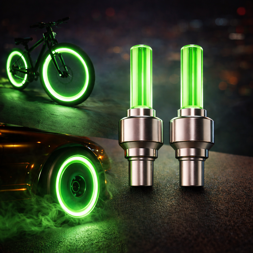 Green LED Valve Cap Lights for Bike & Cycle – (Set of 2)